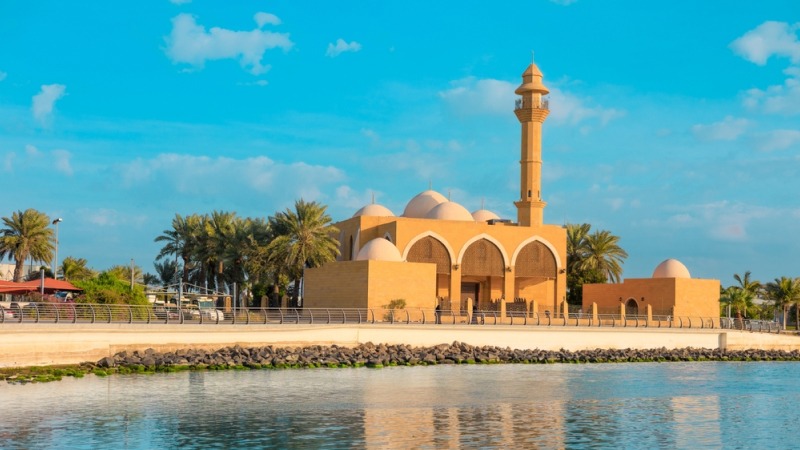 A mosque with a tall minaret, surrounded by palm trees under a clear blue sky.