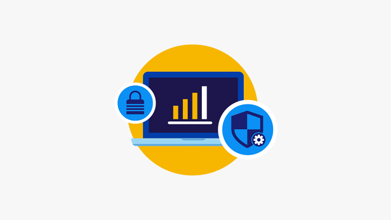 Illustration of a laptop showing an analytics dashboard and security icons.