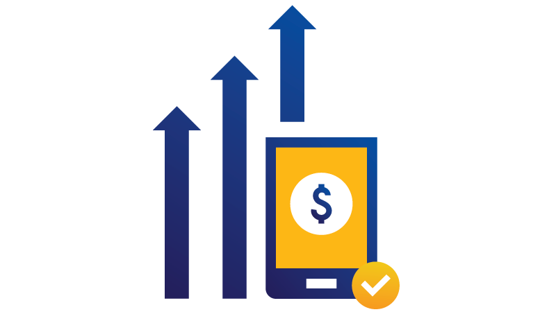 llustration: Upward trending arrows behind tablet displaying dollar sign with checkmark at bottom.