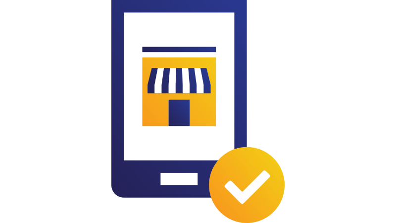 Illustration: tablet displaying small business store with checkmark.