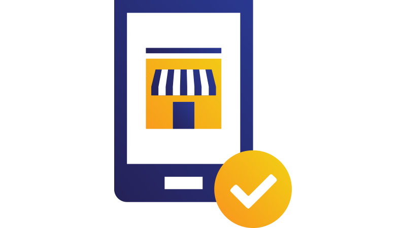 Illustration: tablet displaying small business store with checkmark.