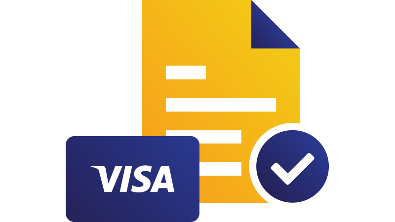 Illustration: Visa card overlapping paper page with checkmark at bottom.