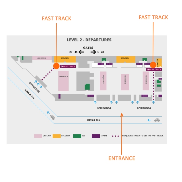 Map of Warsaw Chopin International Airport for international departures with Fast Track service